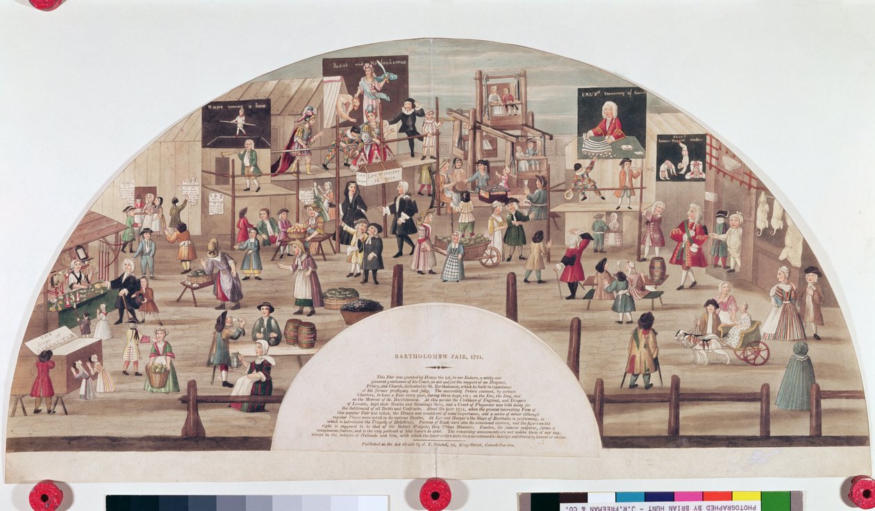 Bartholomew Fair, 1824 (håndfarget akvatintgravering) av English School