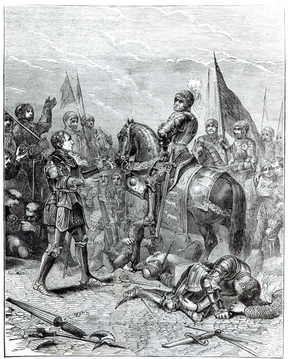 Slaget ved Bosworth Field: Lord Stanley bringer kronen til Richard III (1452-1485) til Richmond, 22. august 1485 av English School