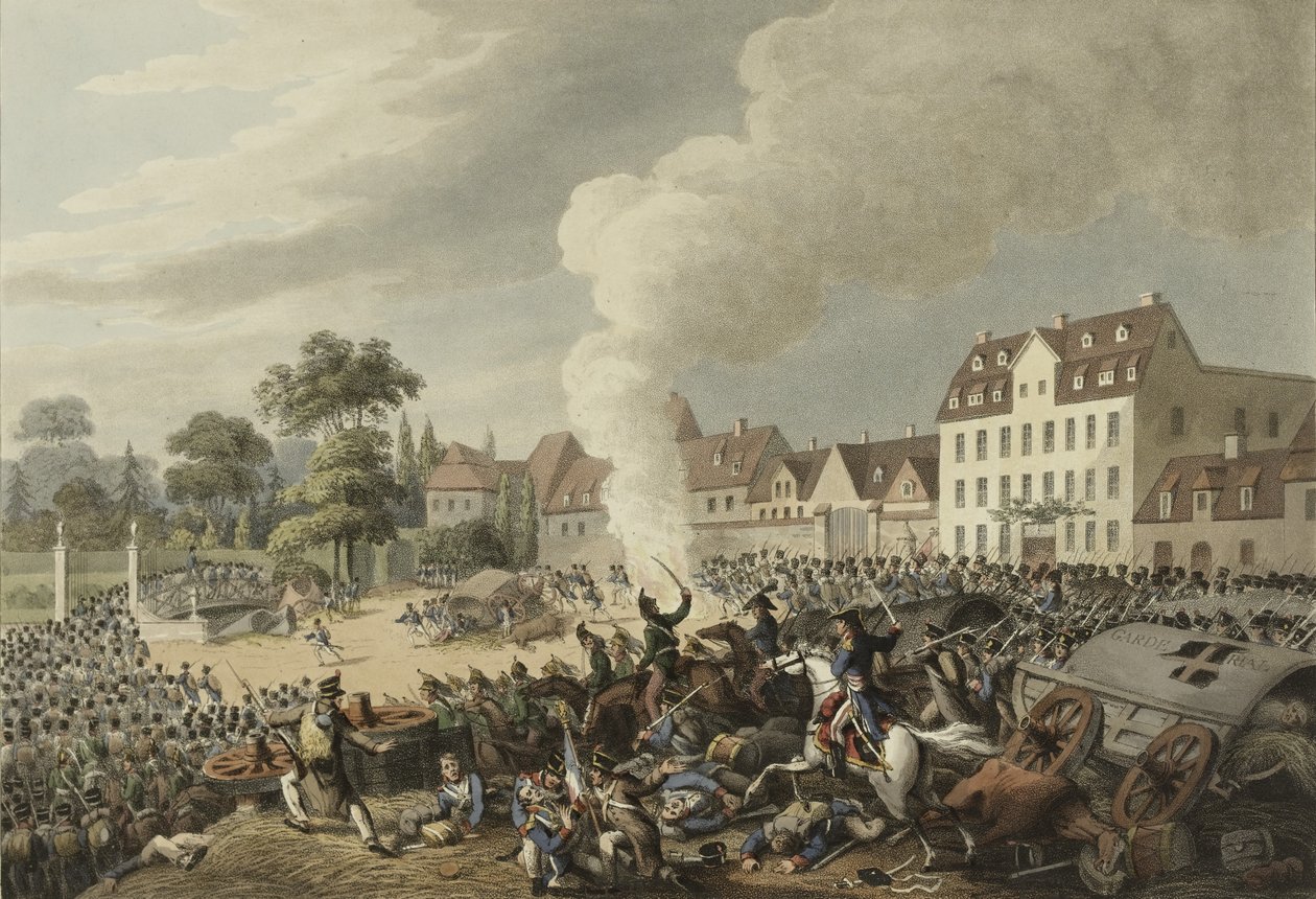 Slaget ved Leipzig, 16.–19. oktober 1813, fra En illustrert oversikt over viktige hendelser i Europas annaler i årene 1812, 1813, 1814 og 1815, 1815 (fargeakvatint) av English School