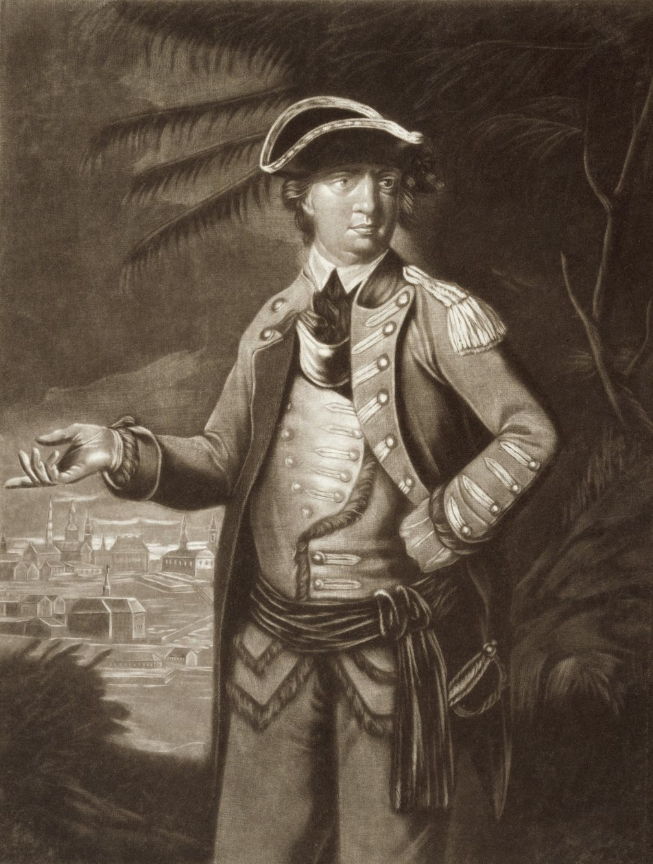 Benedict Arnold, etter et portrett av 1766 med Quebec i bakgrunnen av English School