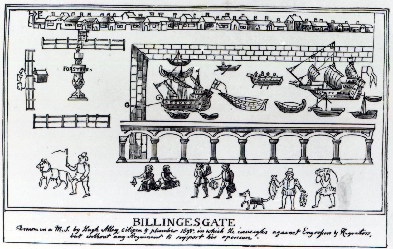 Billingsgate Market, London, etter en original tegning fra ca. 1598 av English School