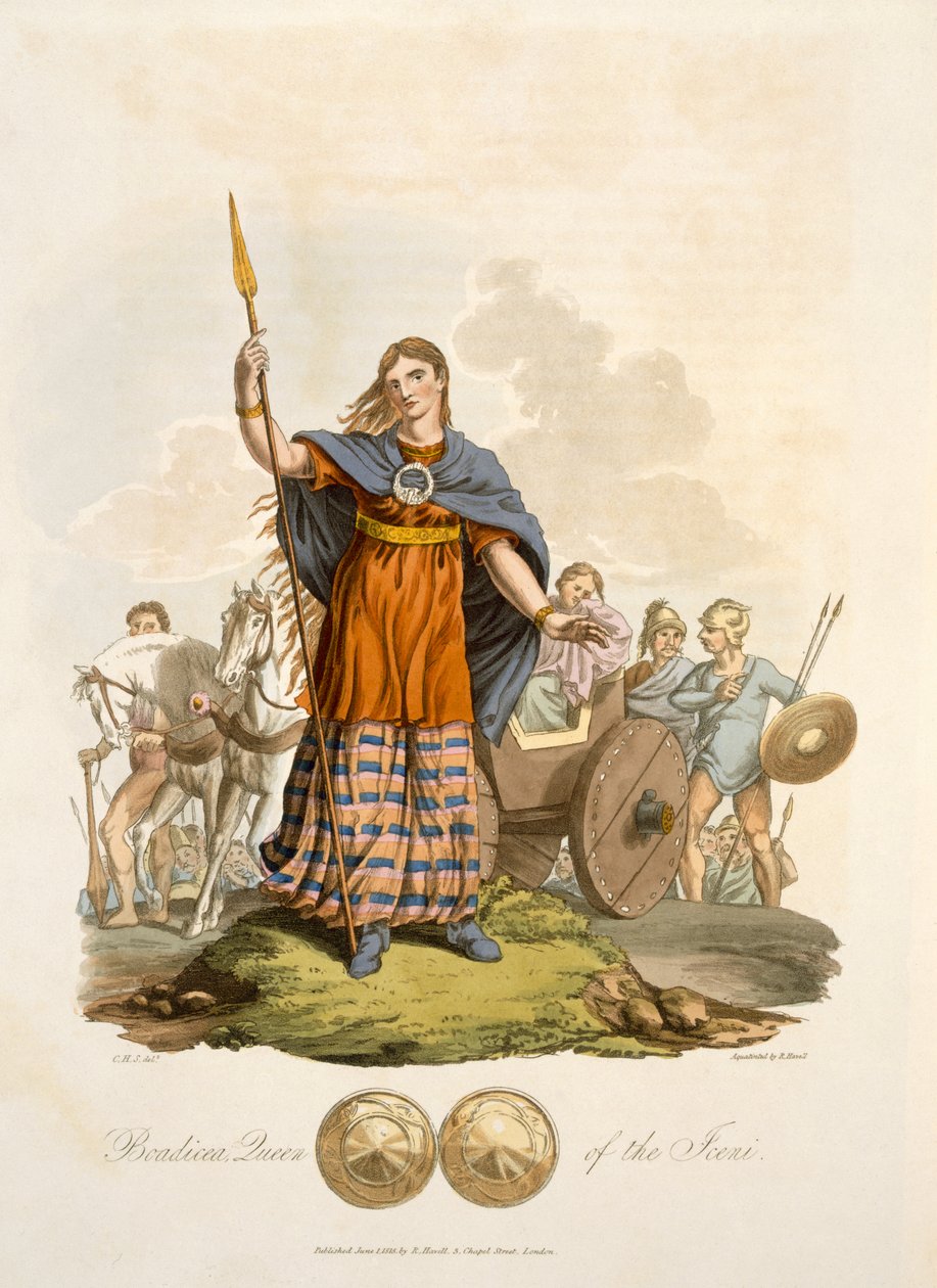 Boadicea, dronning av Iceni, eng. av Richard Havell den eldste, pub. 1815 (håndfarget gravering) av English School