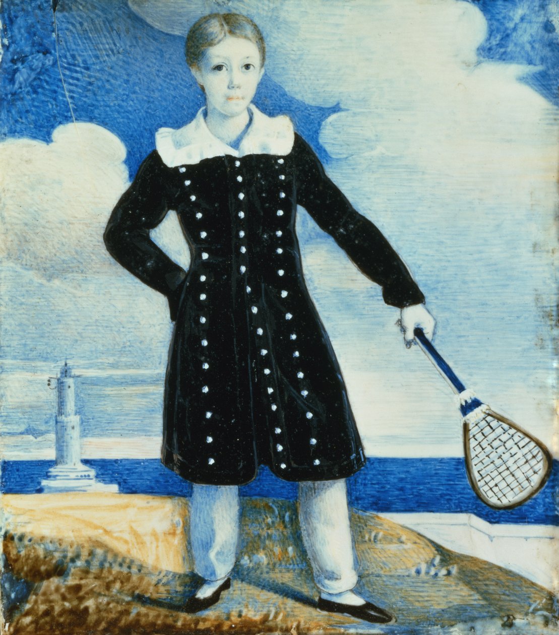 Gutt med badmintonracket (wc på kort) av English School