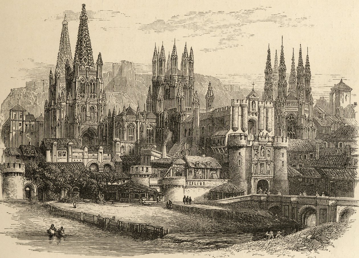 Broen, porten og katedralen i Burgos, illustrasjon fra "Spanish Pictures" av pastor Samuel Manning av English School