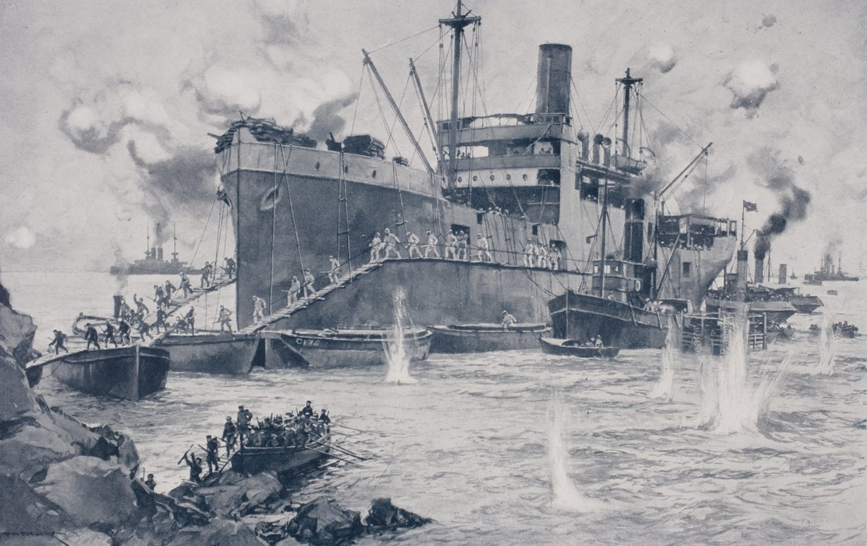 Britiske tropper lander ved Seddul Bahr, Gallipoli, 15. april 1915 av English School
