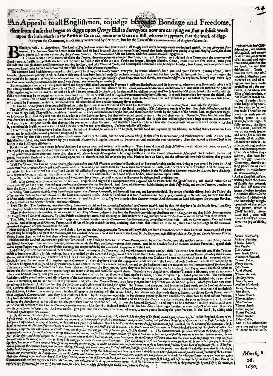 Broadsheet-appell til Diggers, utgitt 1650 av English School