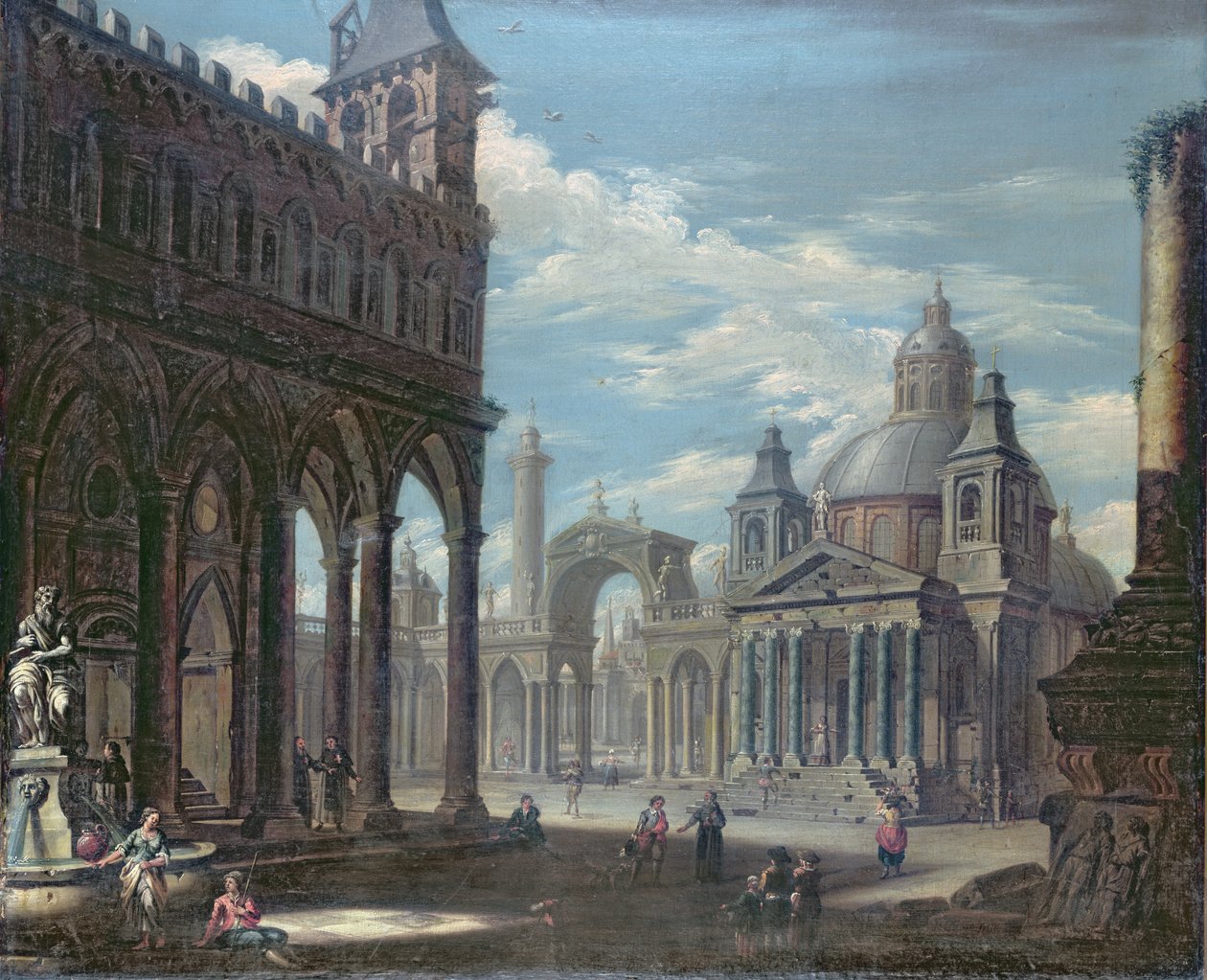 Capriccio av en piazza med gotiske, romerske og barokke bygninger av English School