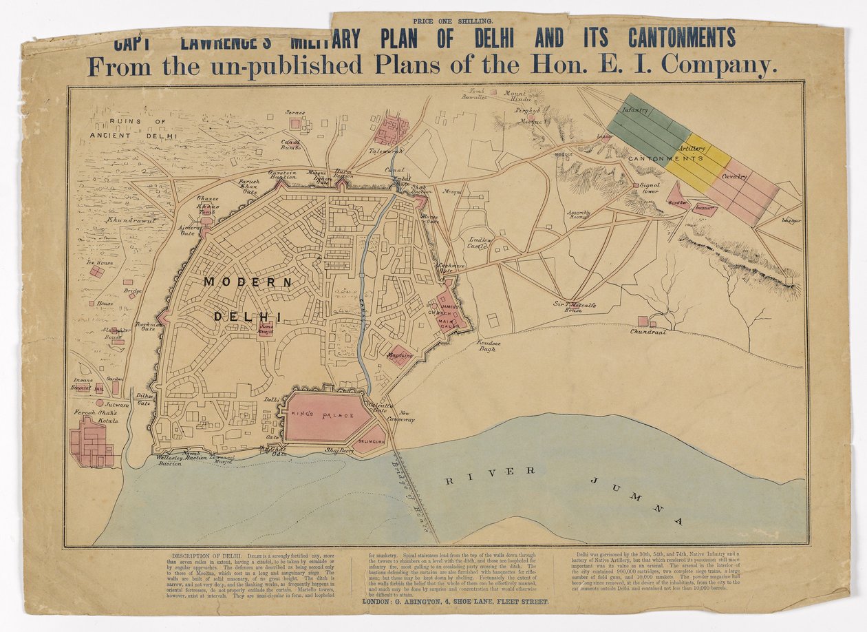 Capt Lawrences militærplan i Delhi og dets kantoner fra de upubliserte planene til Hon E I Company, ca. 1860 av English School