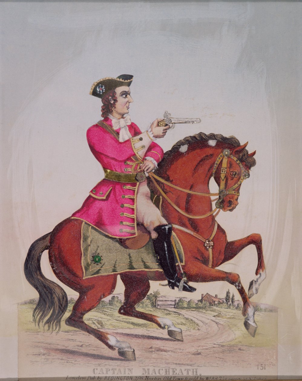 Kaptein MacHeath, landeveishelten i 'The Beggar's Opera' av John Gay (1685-1732), pub. av Redington (gravering og collage) av English School