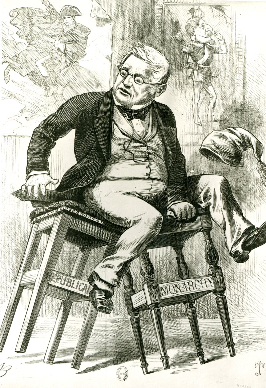 Karikatur av Adolphe Thiers (1797-1877) mellom to krakker, illustrasjon fra 