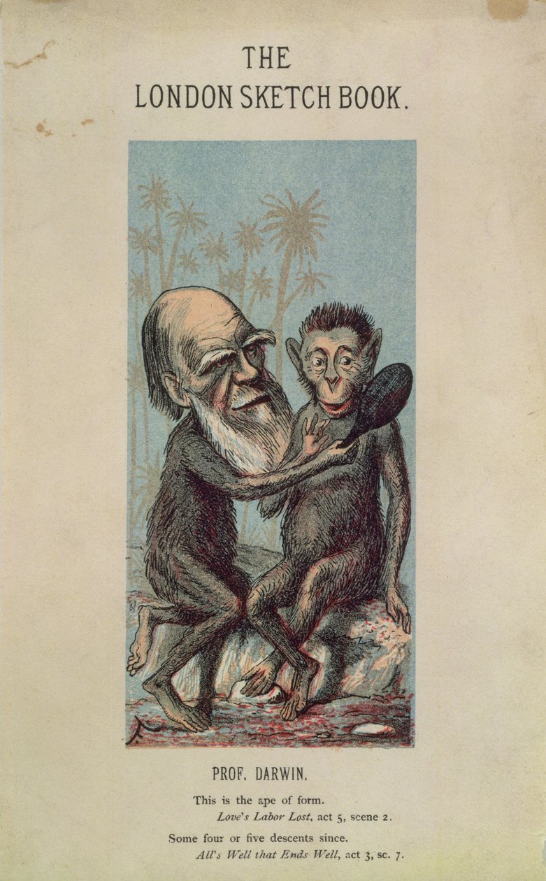 Tegneserie av Darwin med en ape, fra The London Sketch Book, april 1874, bind 1 nr. 4 av English School