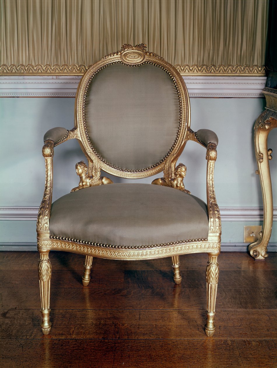 Utskåret lenestol med guillosjelist; Adams design for en stol for Bedchamber i Osterley, 1777 (forgylt tre) av English School