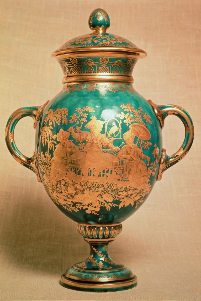 Chelsea vase og lokk med forgylt chinoiserie-design, gullankerperiode (1758-69) av English School