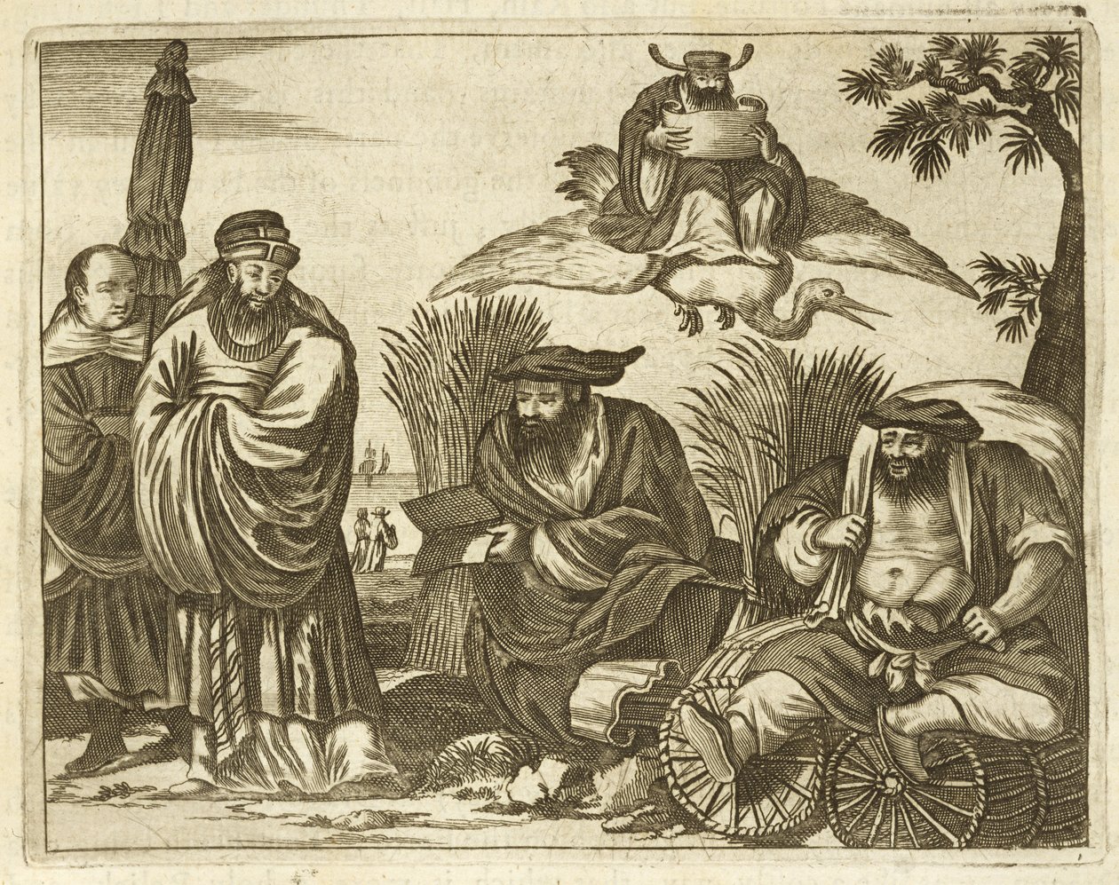 Kinesiske kjøpmenn som konsulterer spåkoner for å sikre en trygg reise, illustrasjon fra en beskrivelse av ambassader til Kina, 1690 av English School
