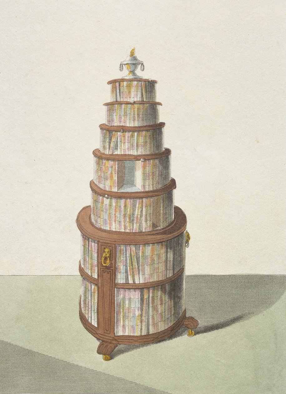 Sirkulær flyttbar bokhylle, plate 13 fra Ackermanns Repository of Arts, Literature, Commerce, Manufactures, Fashion and Politics, utgitt 1810 av English School