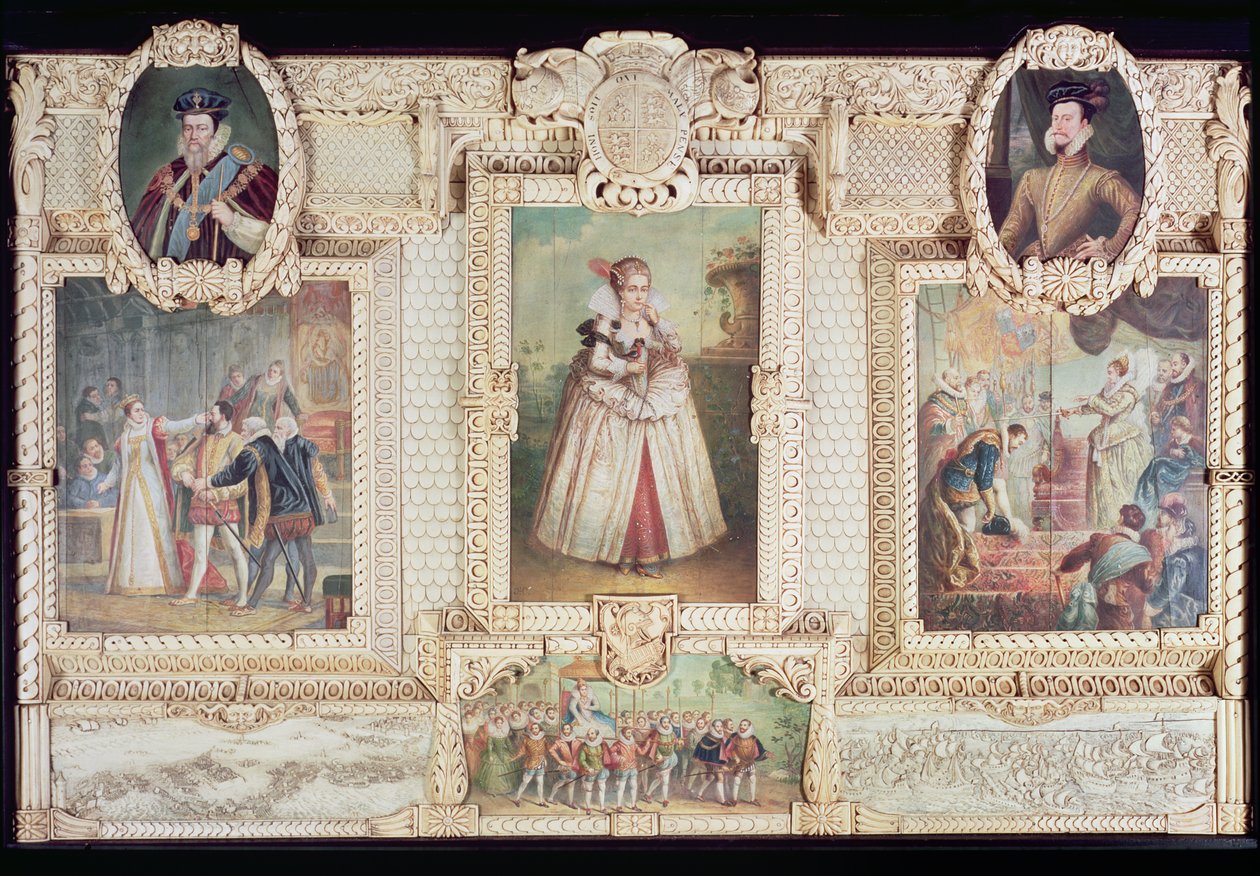 Samling av seks miniatyrer som viser dronning Elizabeth I, figurer og scener fra livet hennes av English School