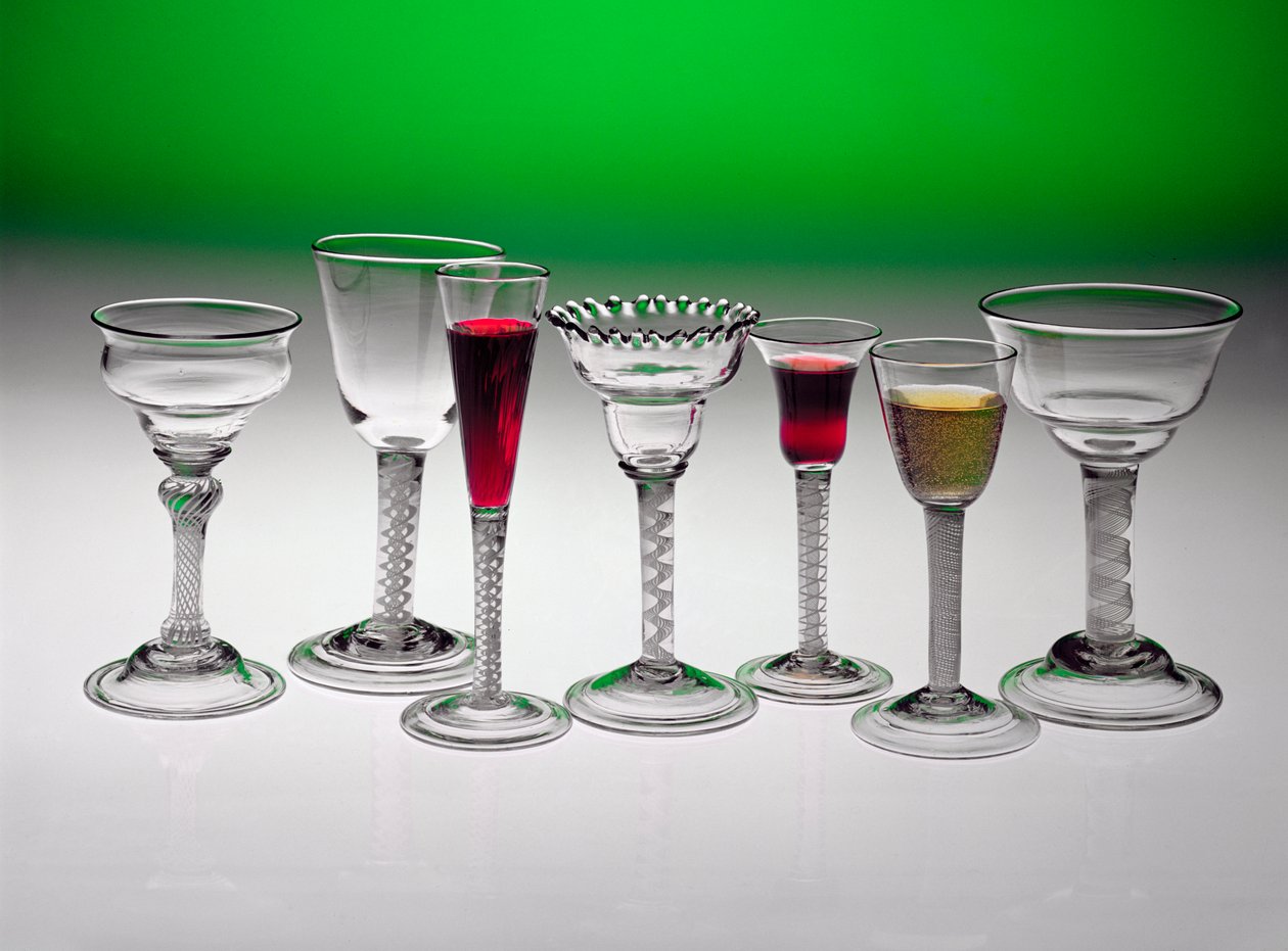 Samling av vinglass med vridde stilker, midten av 1700-tallet (glass) av English School
