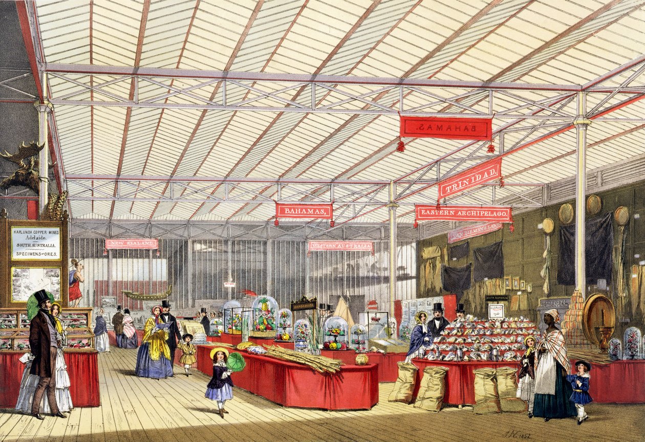 Colonial Produce i den store utstillingen i 1851, fra Dickinsons Comprehensive Pictures (farget lito) av English School