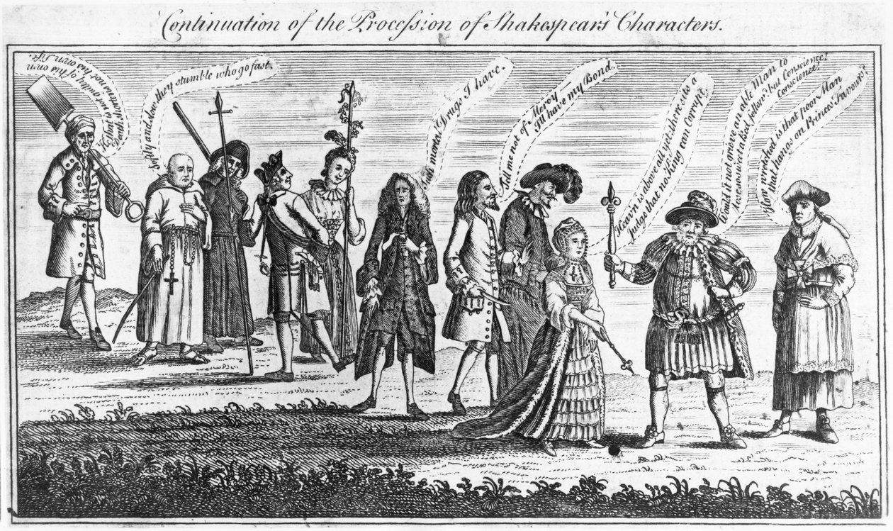 Fortsettelse av prosesjonen av Shakespeares karakterer under jubileumsfeiringen, 1769 av English School