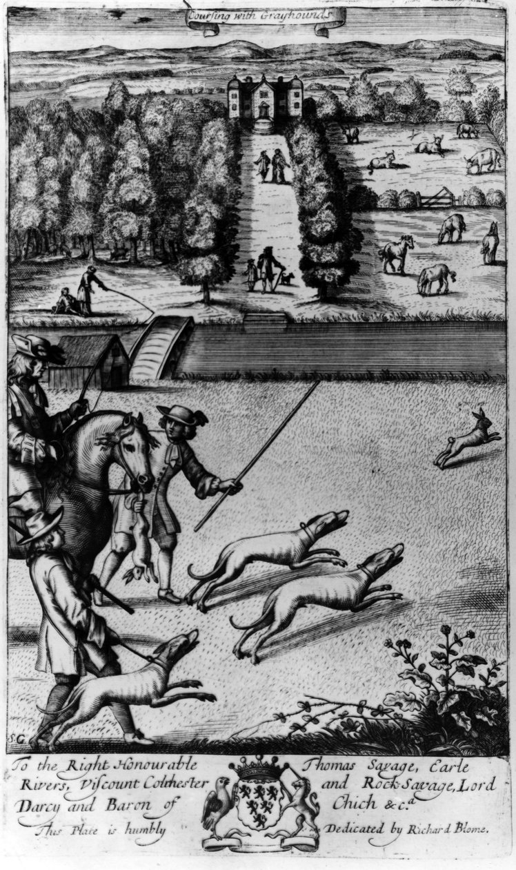 Coursing with Greyhounds, fra 'The Gentleman's Recreation' utgitt av Richard Blome, 1686 av English School