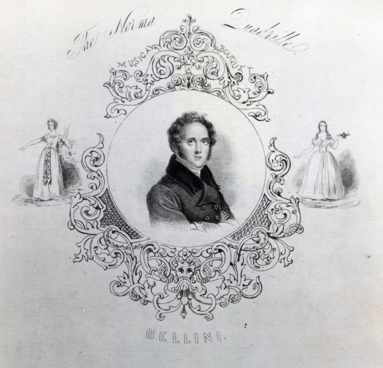 Cover av Noter for en Quadrille, med et portrett av Vincenzo Bellini av English School