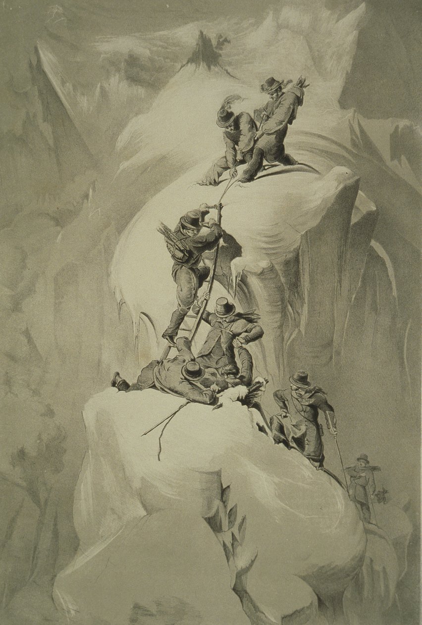 Krysser en sprekk, fra ti scener i den siste oppstigningen av Mont Blanc, inkludert fem utsikter fra toppen, av J.D.H. Browne, utgitt 1853 av English School