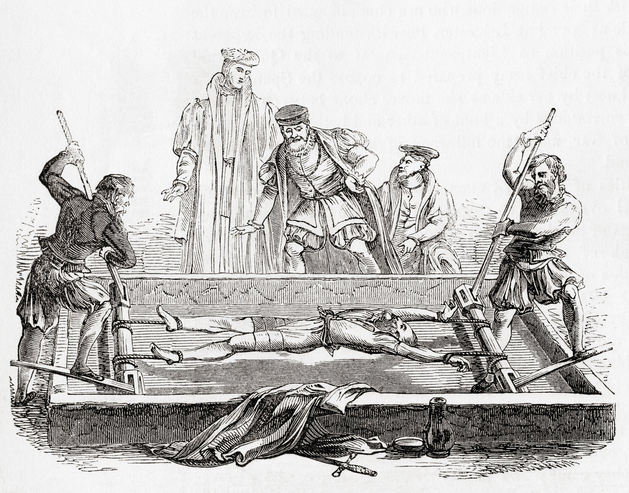 Cuthbert Simpson, også Symson, Simson eller Symion, torturert på stativet i Tower of London, under Marian-forfølgelsen, 1558, fra Old England: A Pictorial Museum, pub. 1847 av English School