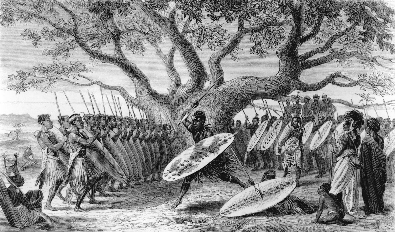 Dance of the Landeens, eller Zulus, ankom Shupanga for å løfte den årlige hyllesten til portugiserne, gravert av Josiah Wood Whymper (1813-1903) av English School