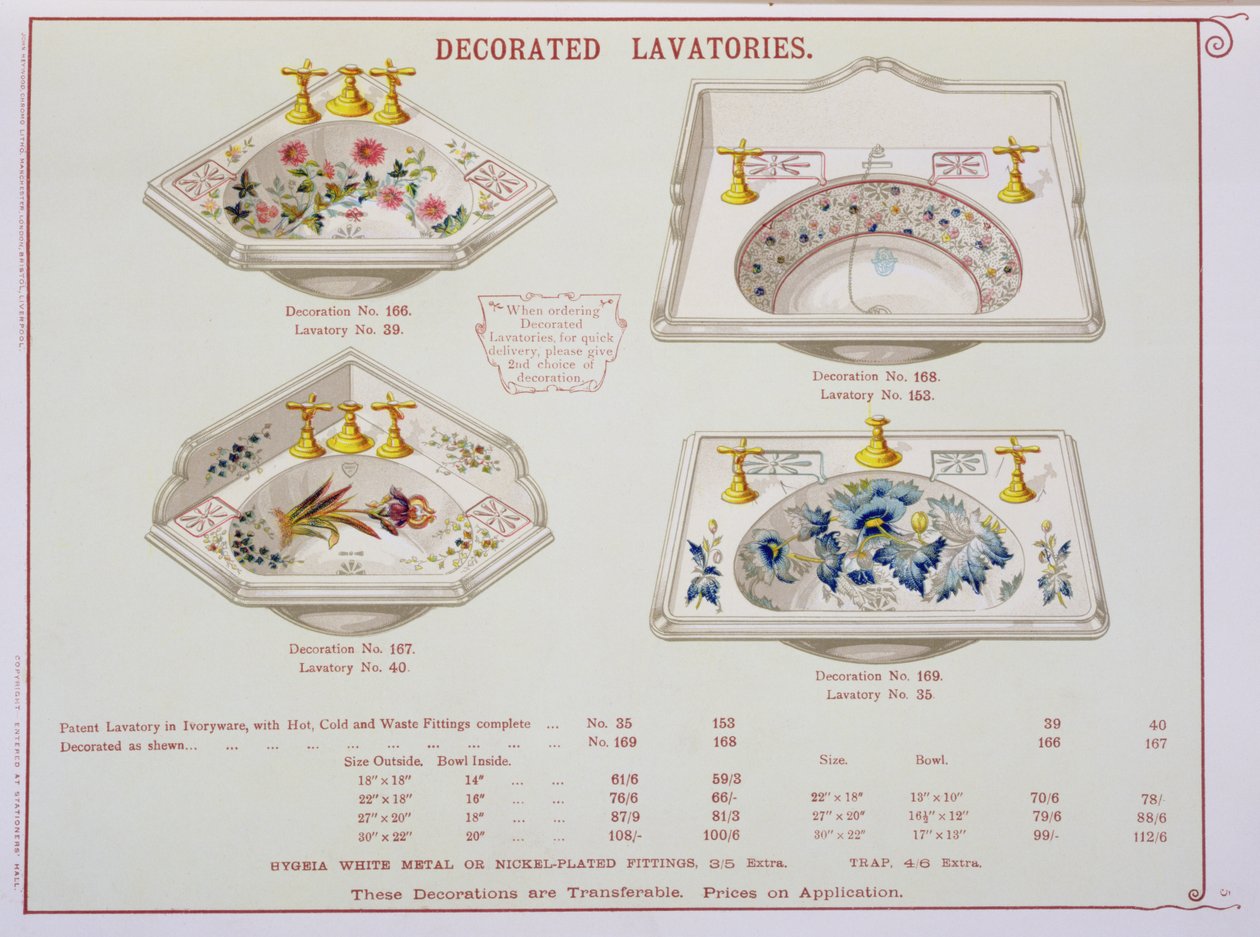 Dekorerte toaletter fra en katalog over sanitærvarer produsert av Morrison, Ingram & Co., Manchester, utgitt ca. 1890 av English School