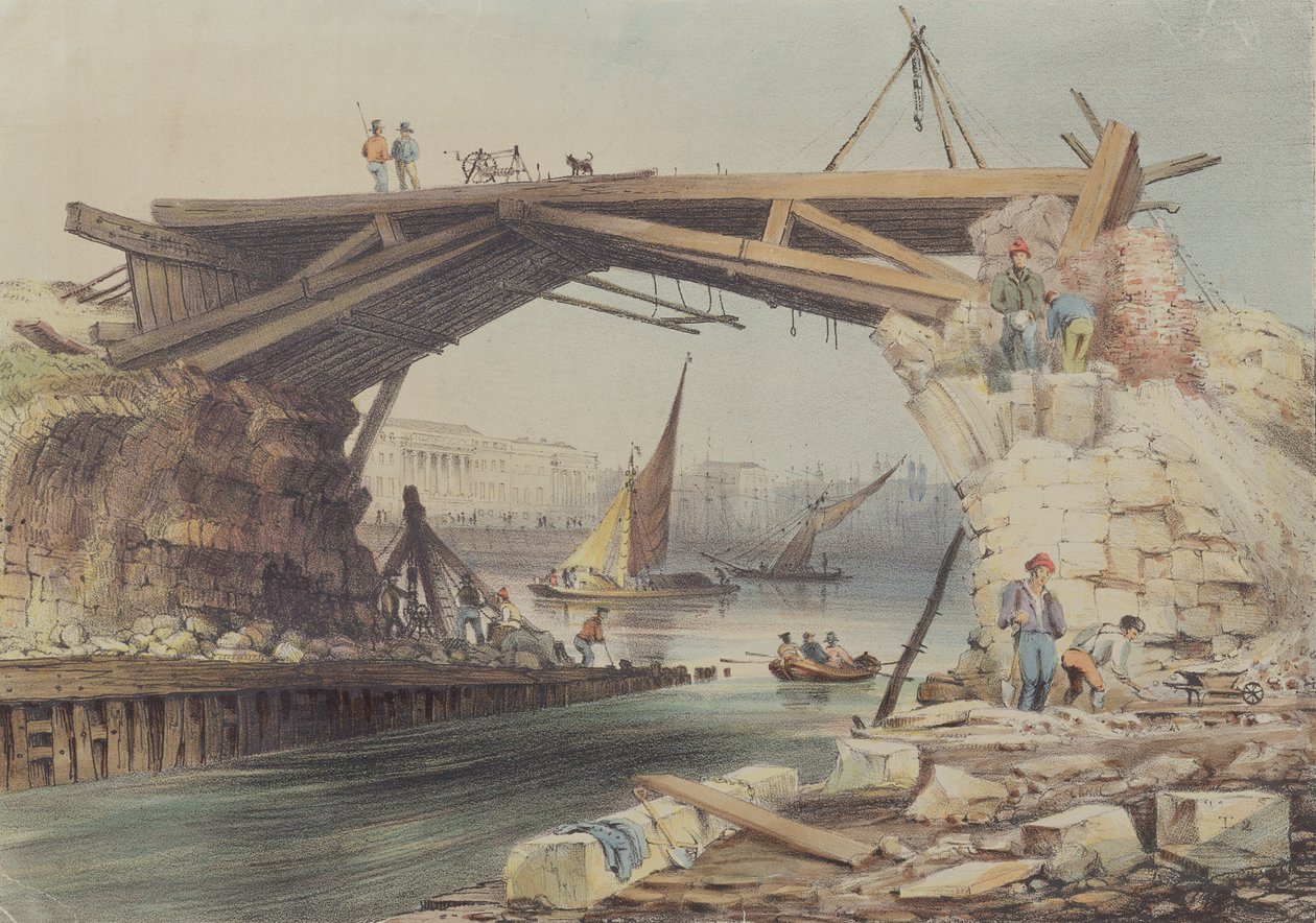 Riving av Old London Bridge (wc) av English School