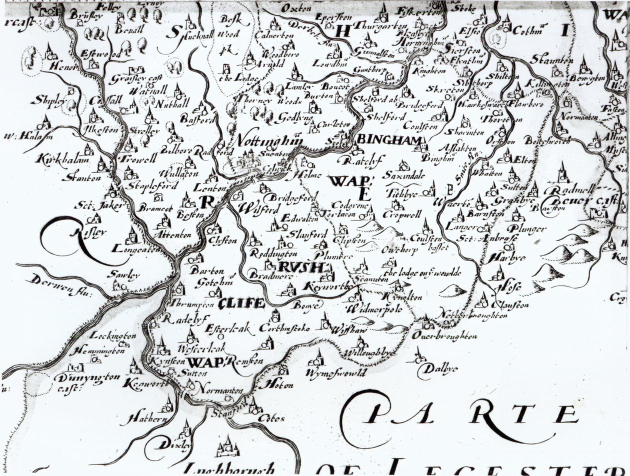 Detalj av et kart over fylket Nottinghamshire som viser byen Nottingham, 1642 av English School