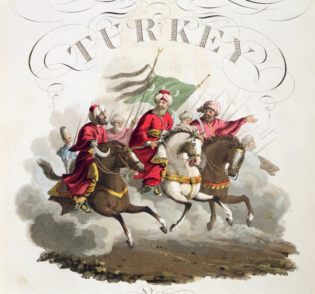Detalj av tittelsiden, fra Costumes of the Various Nations, bind VII, The Military Costume of Turkey, av Thomas MacLean, utgitt ca. 1800-18 (håndfarget akvatint) av English School