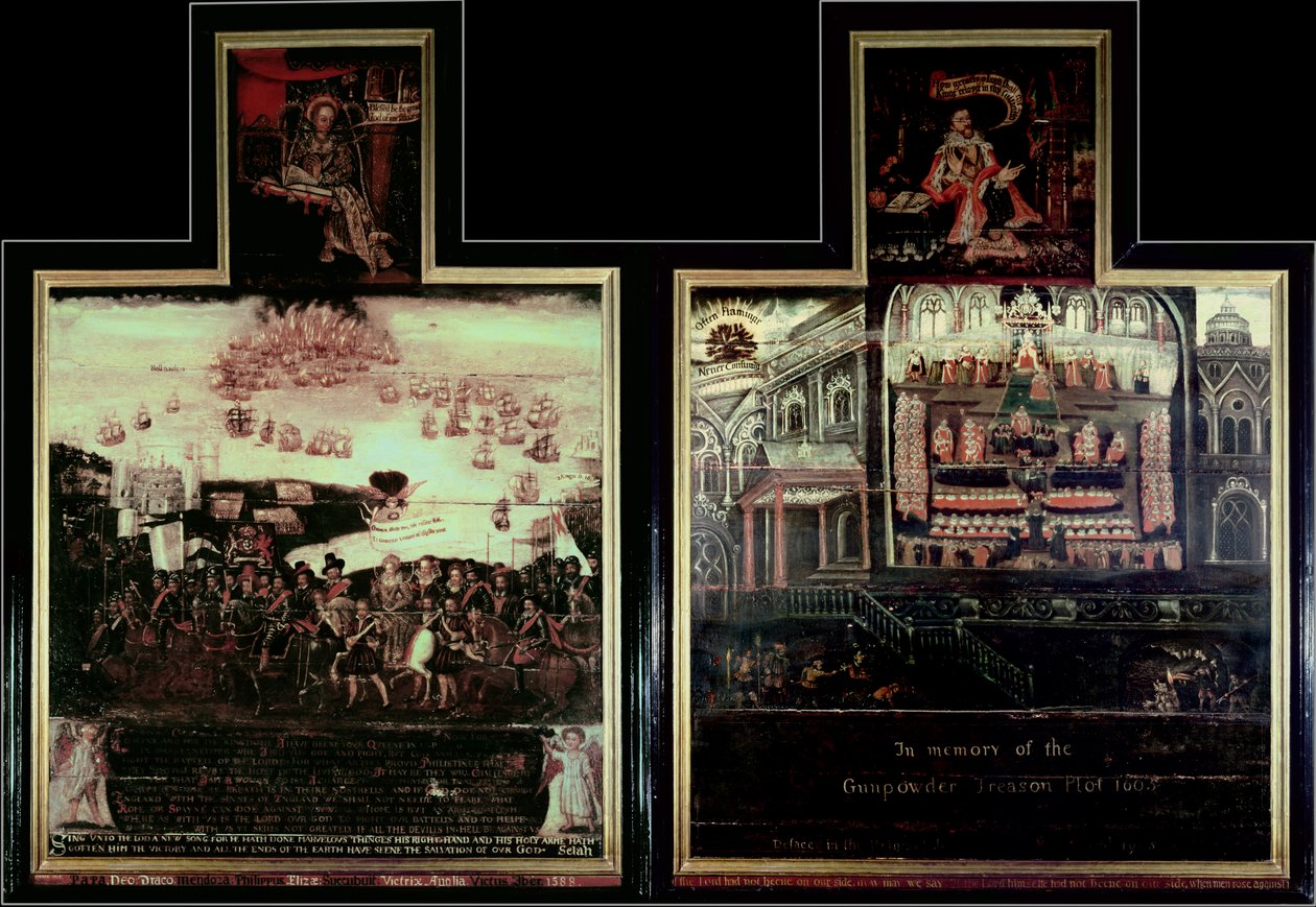 Diptych som viser ankomsten til dronning Elizabeth I (1530-1603) til Tilbury, nederlaget til den spanske armadaen og kruttplanen av English School