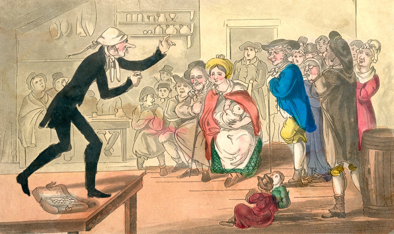 Dr. Comicus Selling his Pills, fra The Adventures of Dr. Comicus eller The Frolicks of Fortune, utgitt ca. 1815 (håndfarget akvatint) av English School