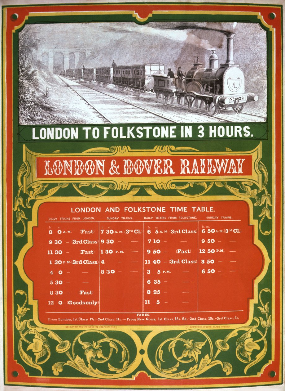 Tidlig rutetabell for London til Dover Railway av English School