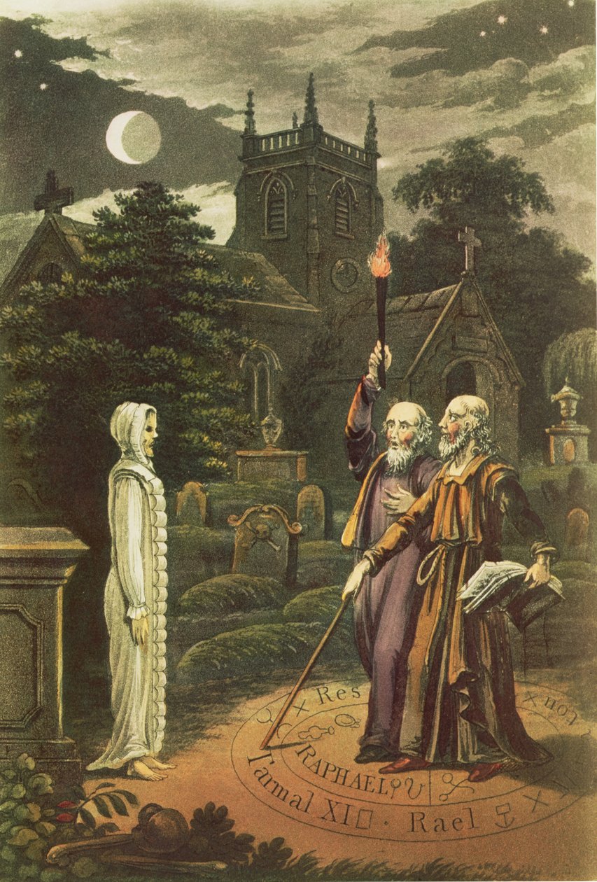 Edward Kelly (f.1555), en tryllekunstner, og hans partner, matematikeren og astrologen, John Dee (1527-1608) reiser et spøkelse (håndfarget gravering) av English School
