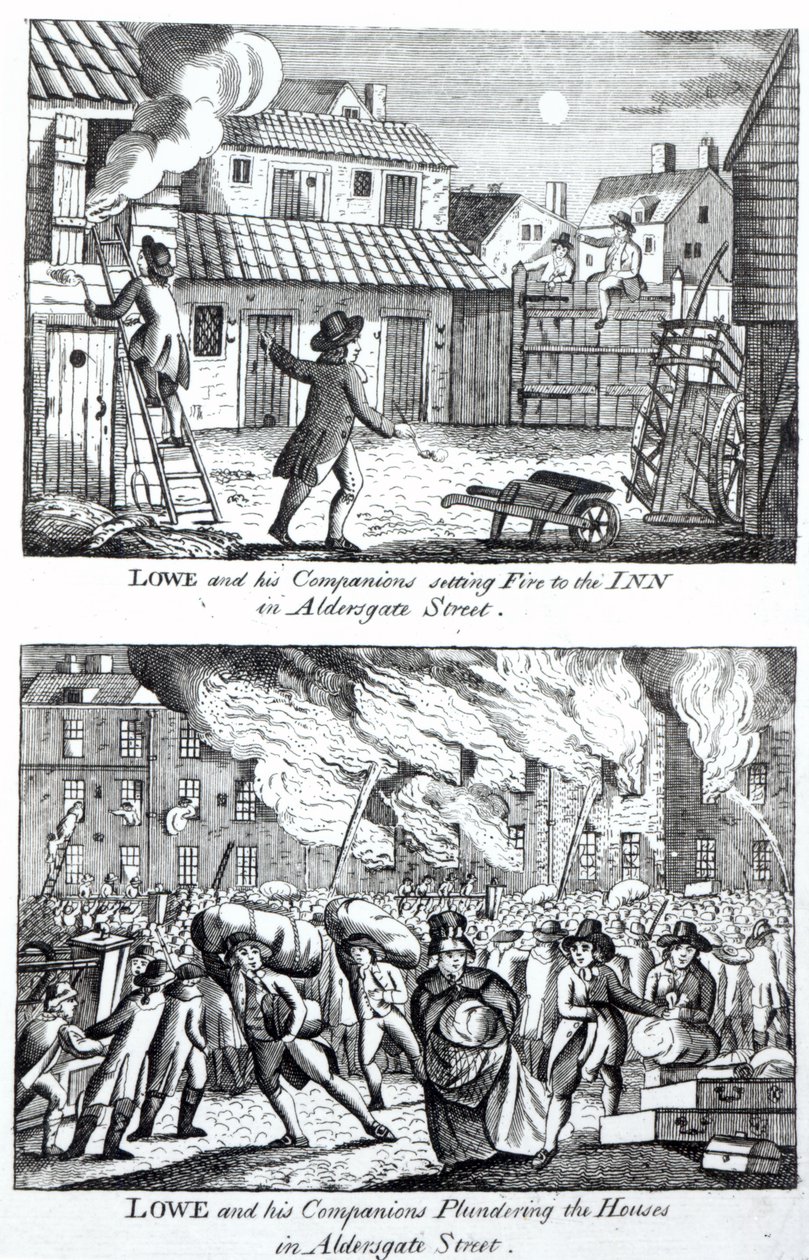 Edward Lowe og hans følgesvenner satte fyr på vertshuset på Aldersgate Street og plyndret husene, 16. mai 1790 av English School