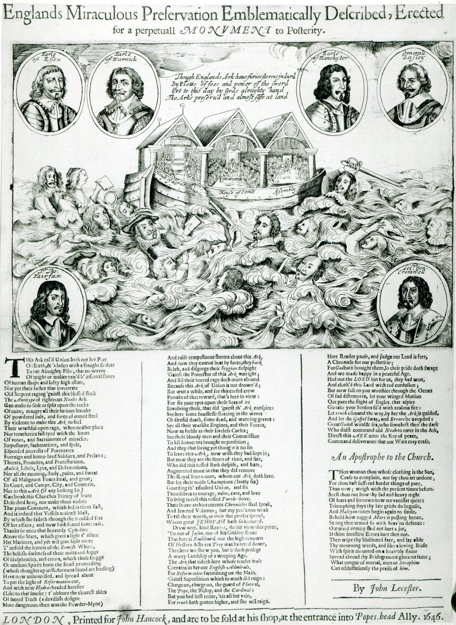 Englands mirakuløse bevaring emblematisk beskrevet, reist for et evig monument over ettertiden, 1646 av English School