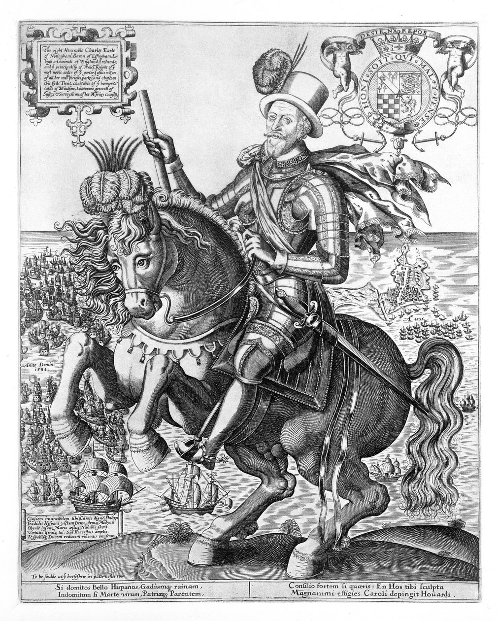Rytterportrett av Charles Howard (1536-1624) 2. baron Howard av Effingham, 1. jarl av Nottingham, gravert av Thomas Cockson (fl.1591-1636) ca. 1597-1603 av English School