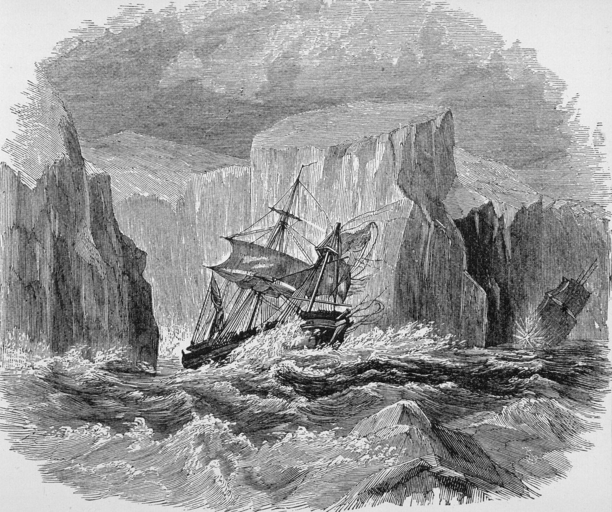 'Erebus' og 'Terror' in the Pack Ice, fra 'The Gallery of Geography' av pastor Thomas Milner, utgitt ca. 1880 av English School