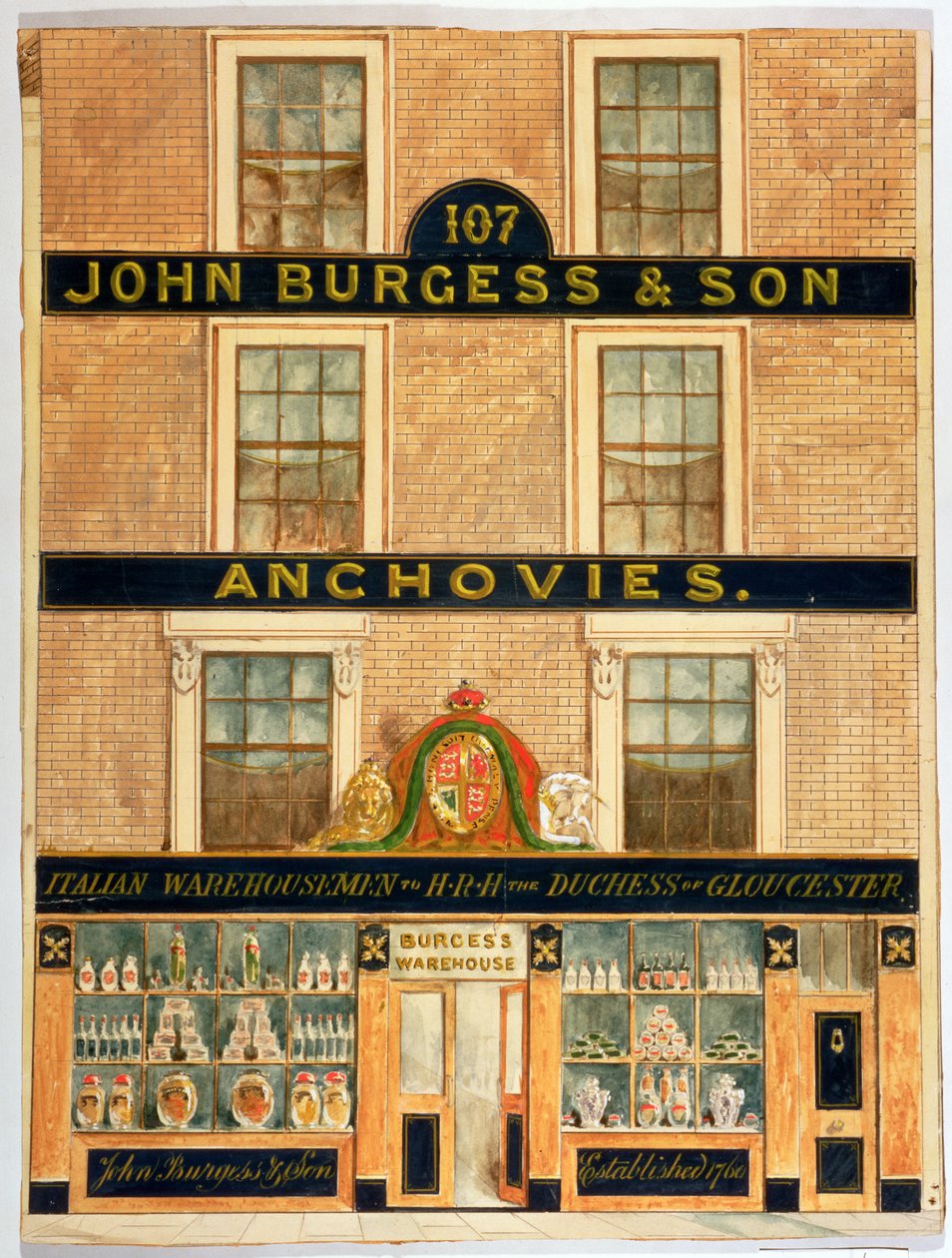 Fasade til John Burgess & Son, lagermenn til hertuginnen av Gloucester (wc på papir) av English School