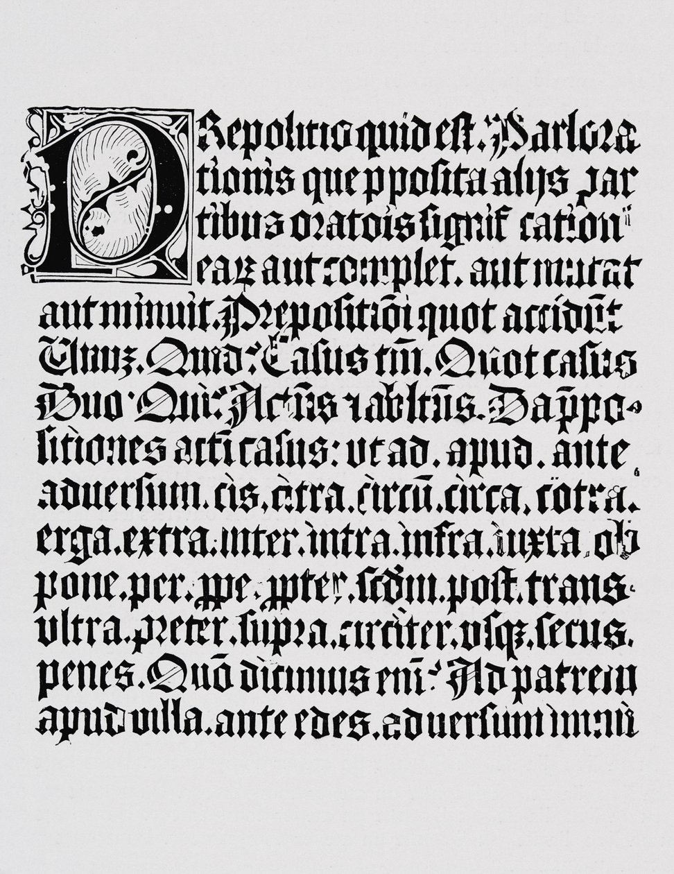Faksimile av en side med xylografi eller tregravering om preposisjonen, fra en grammatikkbok trykt av Johann Fust og Johannes Gutenberg, Mainz, ca. 1450 av English School