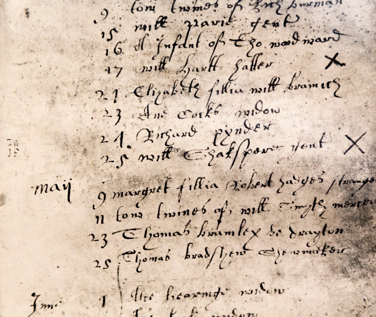 Faksimileregisteroppføring for begravelse av William Shakespeare 25. april 1616 av English School