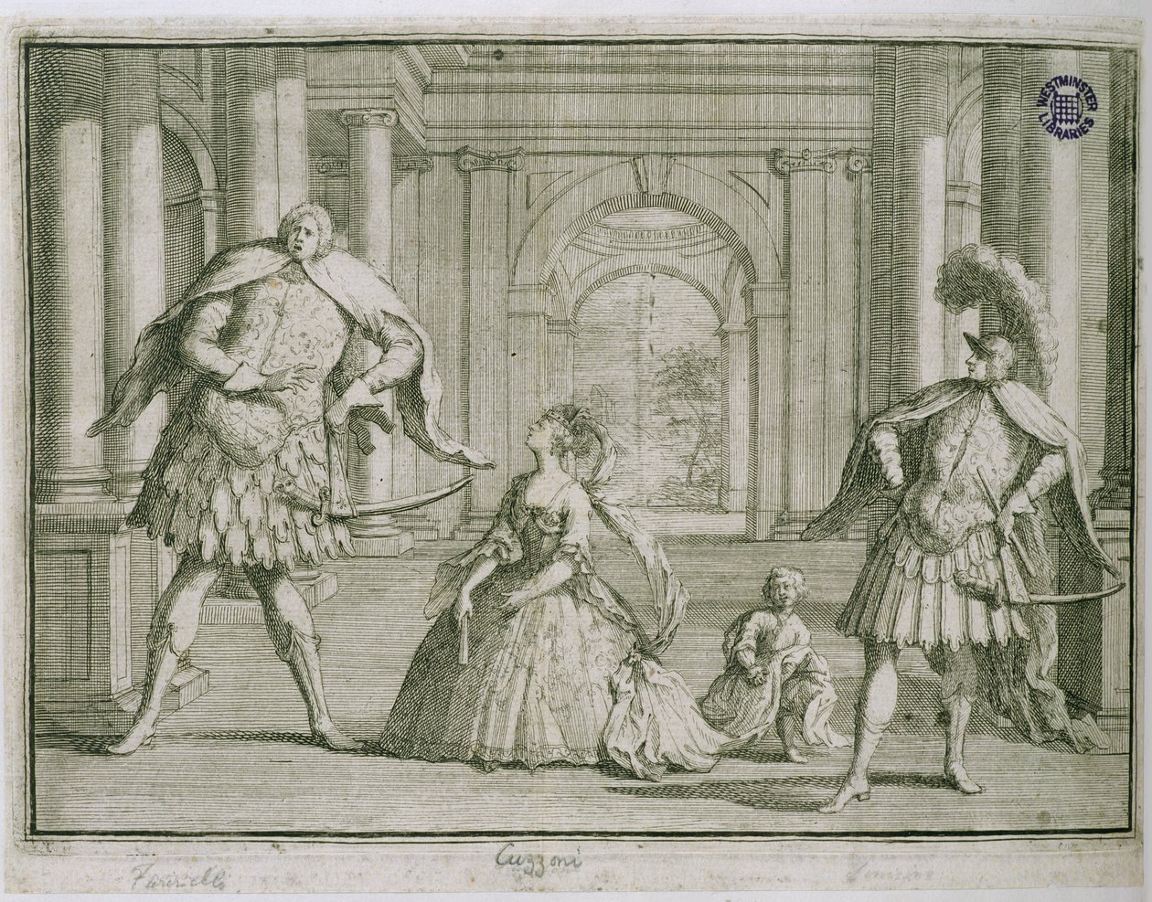 Farinelli, Cuzzoni og Senesino i Handels Flavio, ca. 1728 av English School