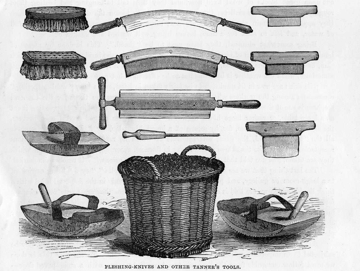 Fleshing kniver og andre garververktøy av English School