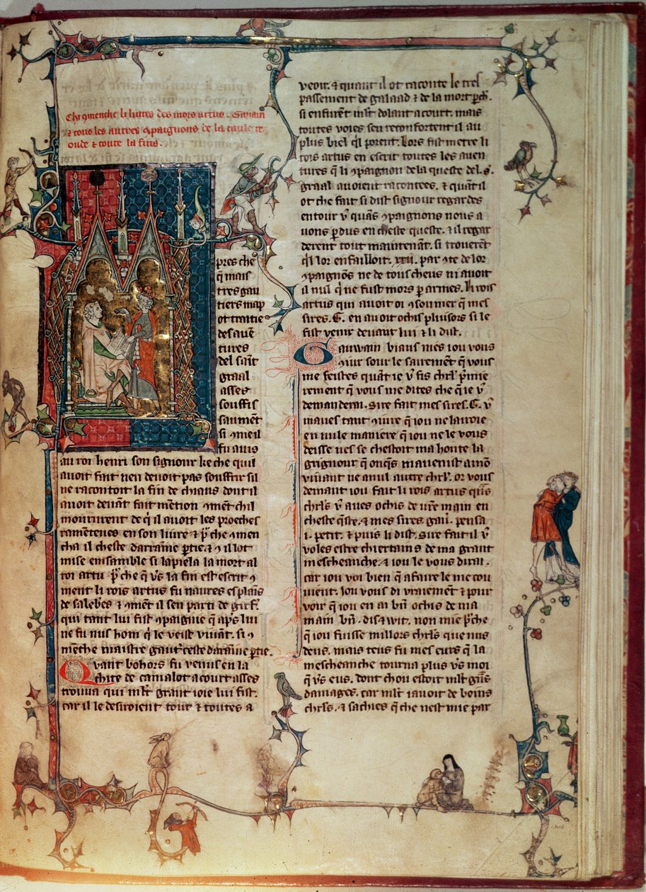 Fr 1 f.82r Vol. I Walter Map tar ned en historie om eventyrene til ridderne av det runde bord på søken etter den hellige gral etter diktat av kong Arthur, fra Manchester Arthurian Roman av English School