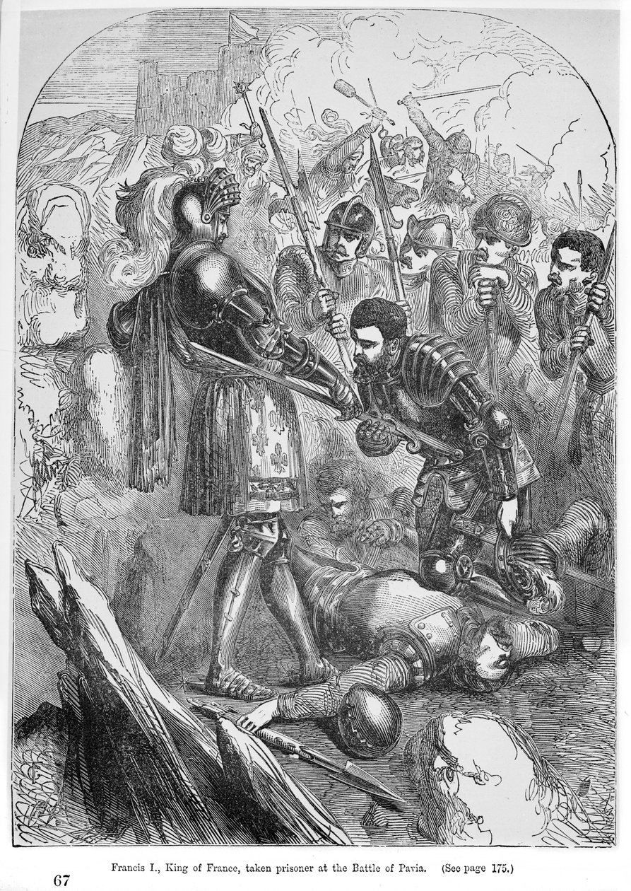 Francis I (1495-1547) tatt til fange i slaget ved Pavia i 1525 av Charles Bourbon (1490-1527), bokillustrasjon av English School