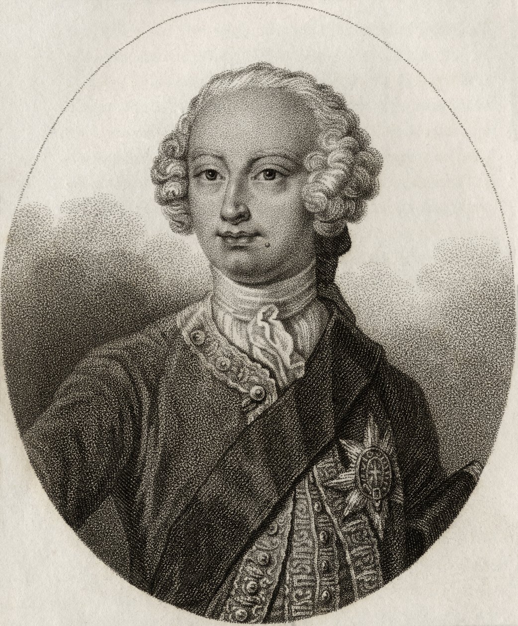 Frederick, Prince of Wales, gravert av Gerimia, fra 'A Catalog of the Royal and Noble Authors', utgitt 1806 av English School