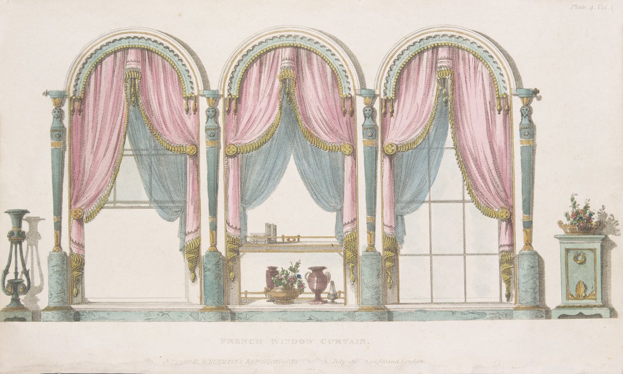 Fransk vindusgardin, plate 55 fra Ackermanns Kunstdepot, utgitt 1809-28 av English School