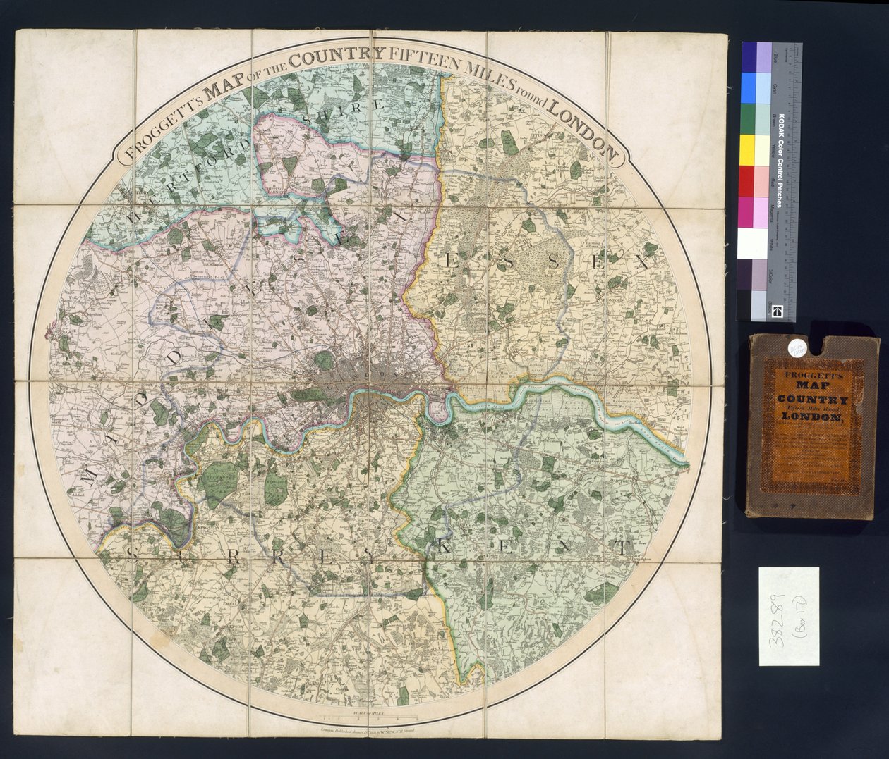 Froggetts kart over landet femten mil rundt London, 1833 av English School